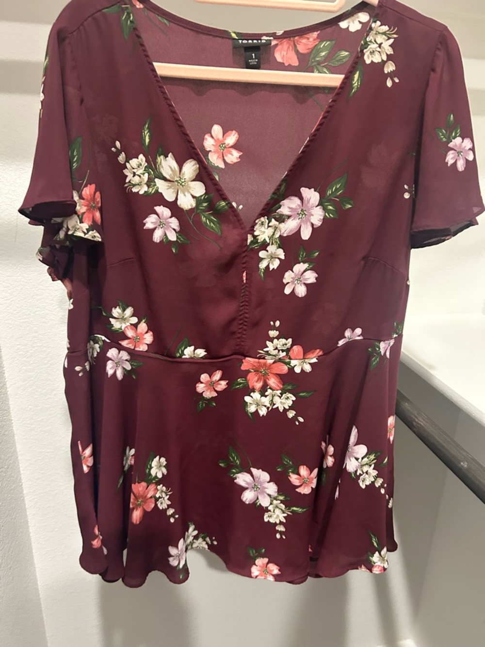 Torrid Burgundy Floral Blouse Plus Sheer V-Neck Flowy Top - Size 1